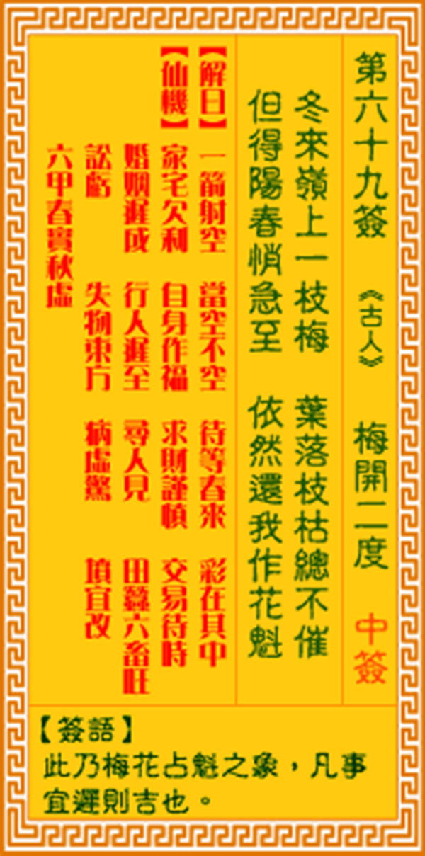 观音灵签第六十九签 【梅开二度】