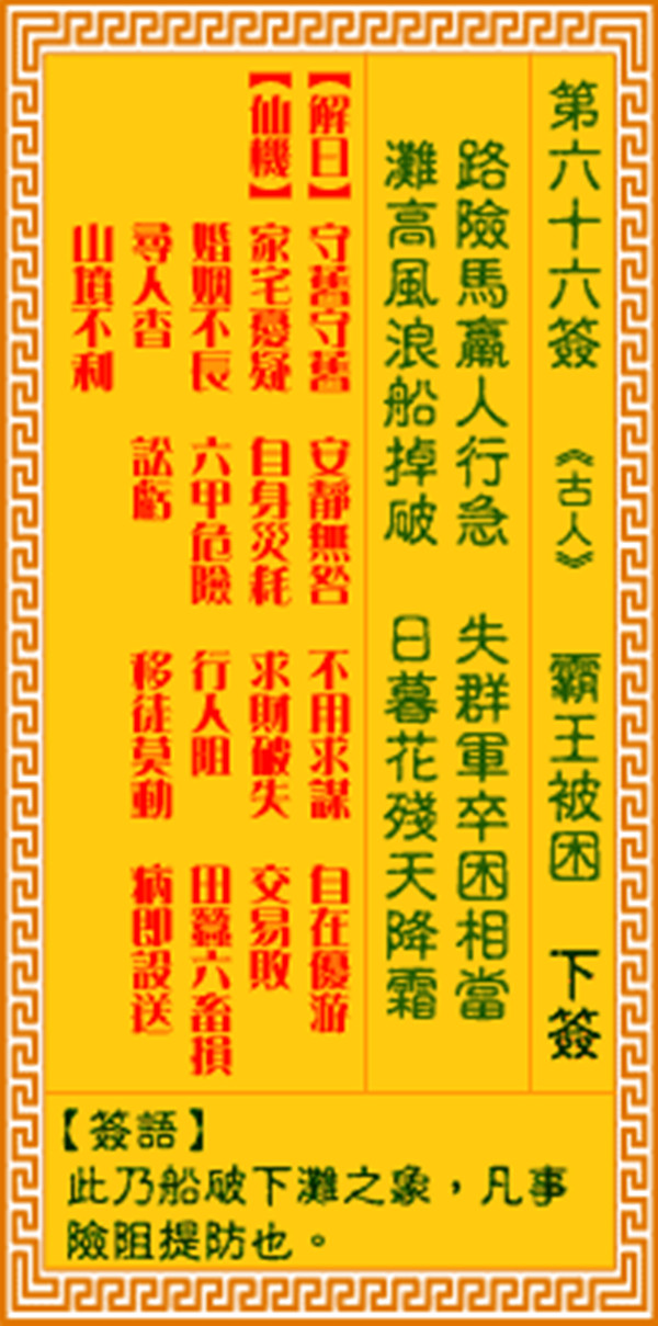 观音灵签第六十六签 【霸王被困】