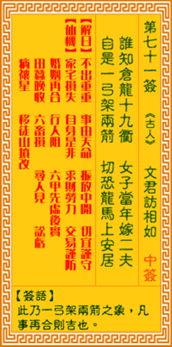 观音灵签第七十一签 【文君访相如】