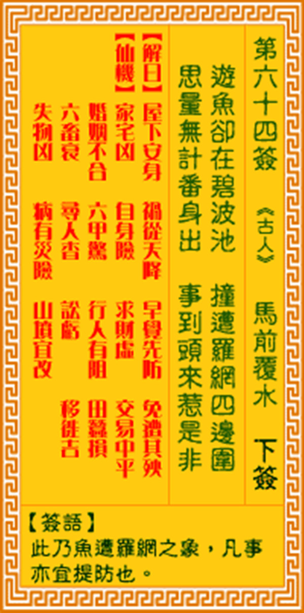 观音灵签第六十四签 【马前覆水】